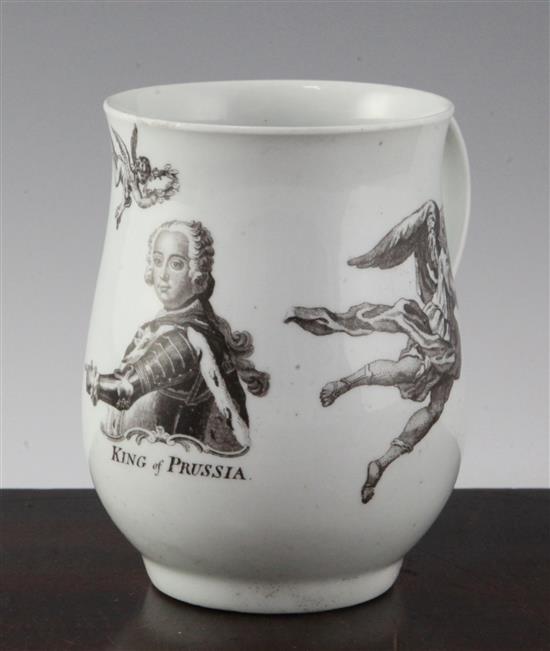 A Worcester black printed King of Prussia baluster mug, dated 1757, 4.6in.